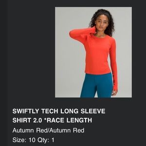 Lululemon Swiftly Tech Long Sleeve 2.0 Race Length Autumn Red Size 10